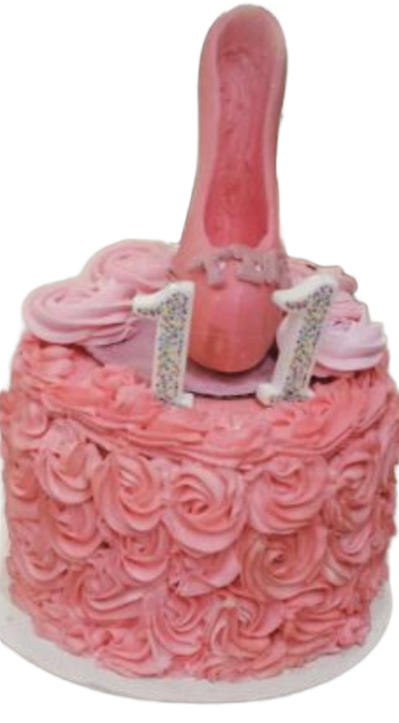 Pink rosette cake with high heel topper by Angela's Sweets and Treats